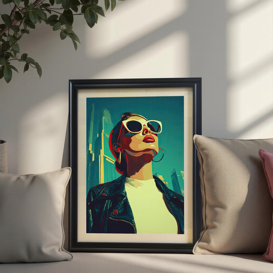 A framed art print of a woman in a leather jacket and sunglasses leans on a couch, surrounded by pillows. The frame is black and has a mount.