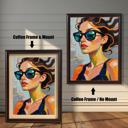 An art print of a woman in sunglasses is shown in two coffee-colored frames against a rustic wood wall. One has a mount, the other does not.