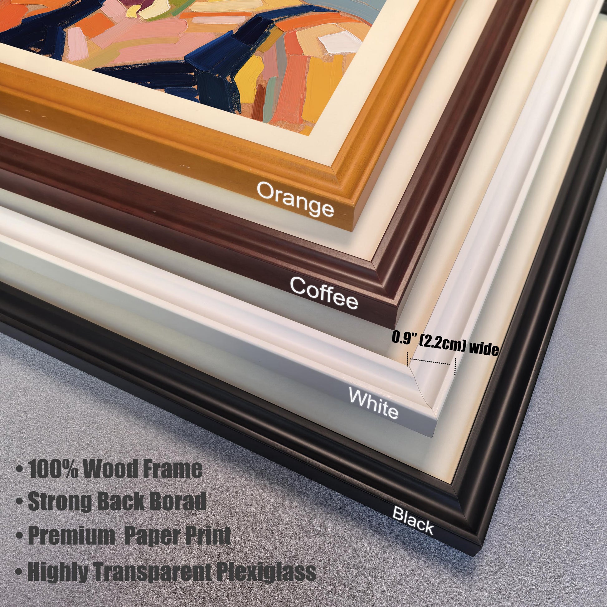 A close-up of four different wood frame samples: black, white, coffee, and orange. The image lists the frame is 0.9 inches wide and highlights features like a 100% wood frame and premium paper.