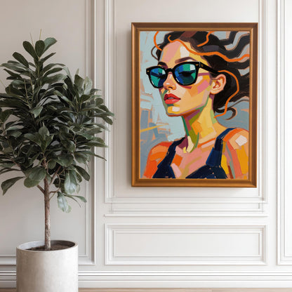 A framed art print of a woman in sunglasses hangs on a white paneled wall next to a large potted plant.