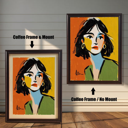 An abstract portrait of a woman is shown in two coffee-colored frames against a rustic wood wall. One has a mount, the other does not.