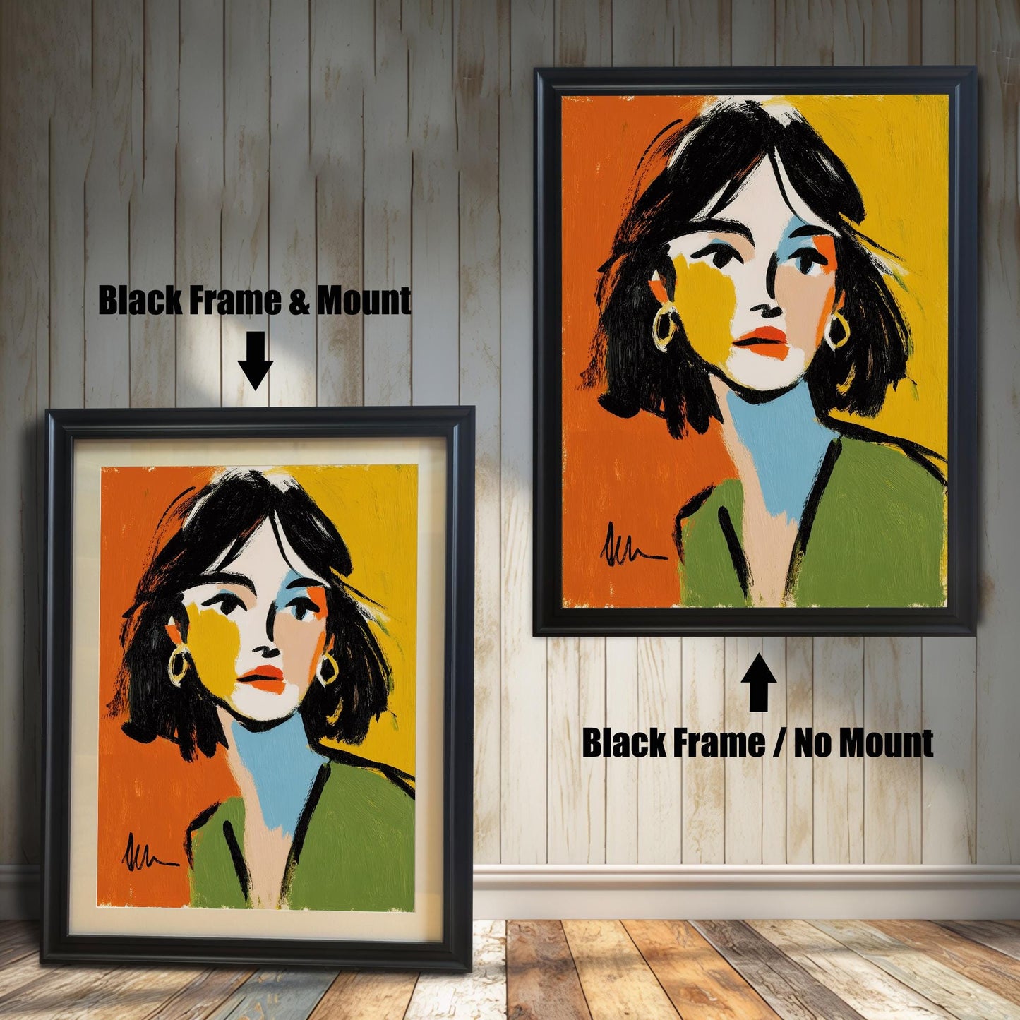 An abstract portrait of a woman is shown in two black frames against a rustic wood wall. One has a white mount, the other does not.