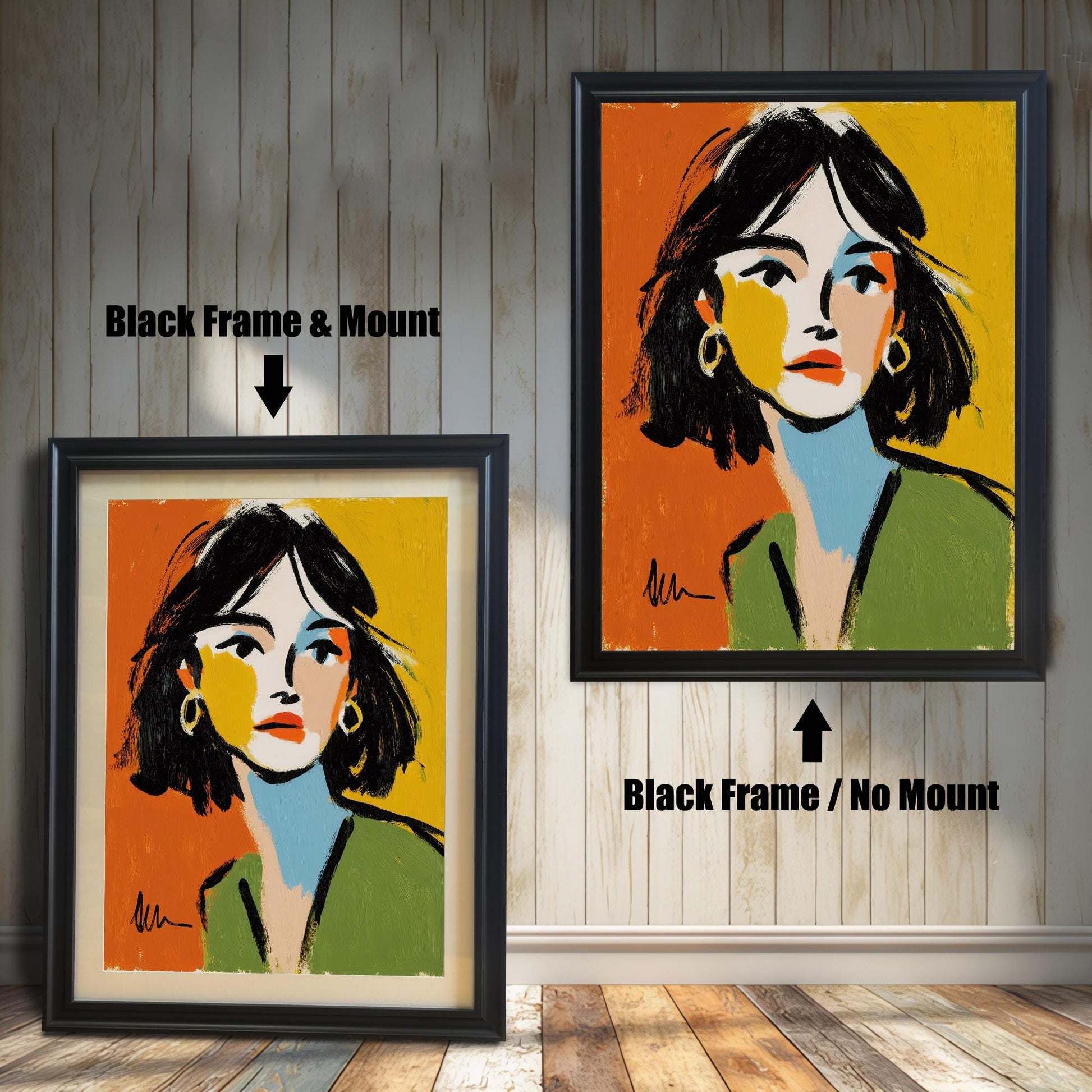 An abstract portrait of a woman is shown in two black frames against a rustic wood wall. One has a white mount, the other does not.