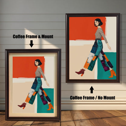 A modern art print of a woman in a striped shirt and patterned pants, shown in two coffee-colored frames against a rustic wood wall. One has a mount, the other does not.