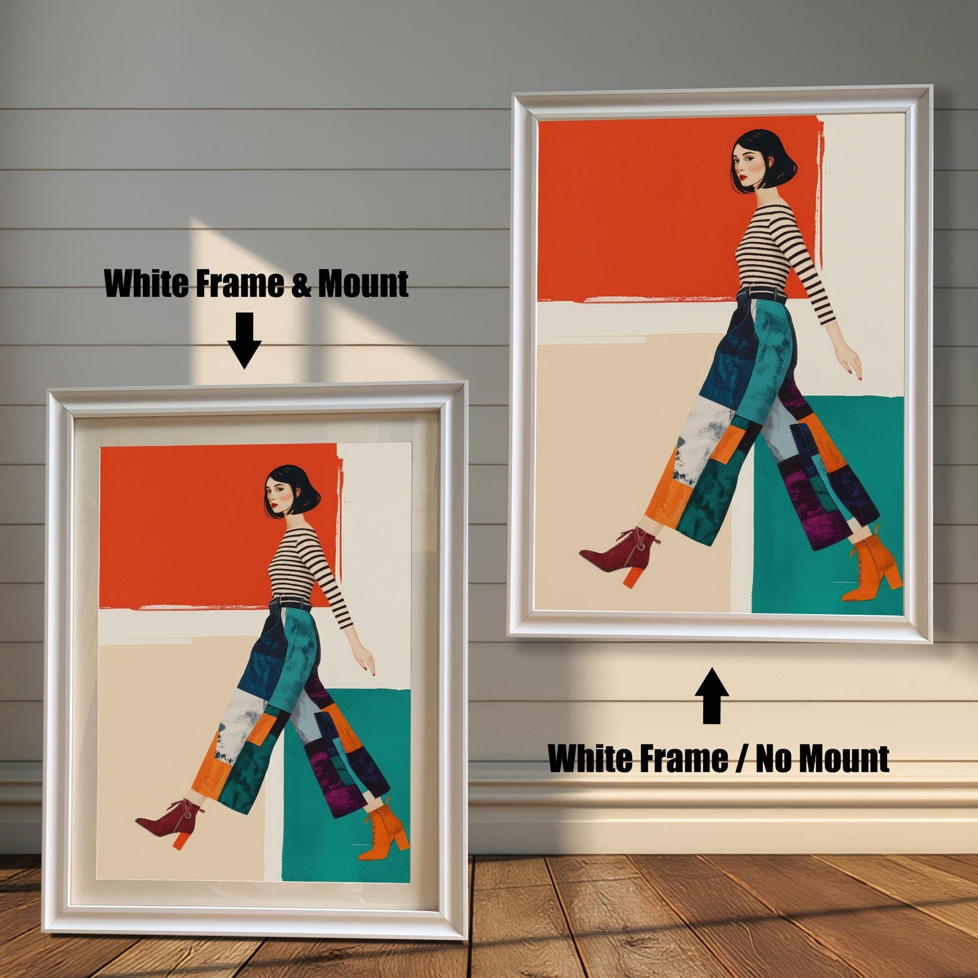 A modern art print of a woman in a striped shirt and patterned pants, shown in two white frames against a rustic wood wall. One has a white mount, the other does not.