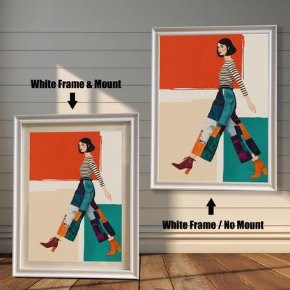 A modern art print of a woman in a striped shirt and patterned pants, shown in two white frames against a rustic wood wall. One has a white mount, the other does not.