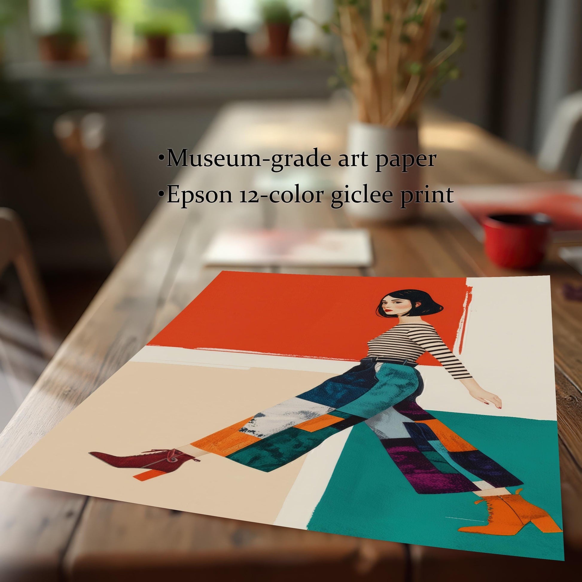 A loose, unframed art print of a woman in a striped shirt and patterned pants is shown on a wooden table, with text describing it as museum-grade art paper.