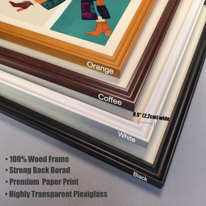 A close-up of four different wood frame samples: black, white, coffee, and orange. The image lists the frame is 0.9 inches wide and highlights features like 100% wood frame and premium paper.