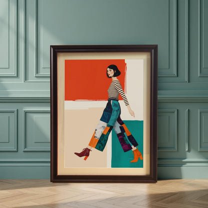 A framed art print of a woman in a striped shirt and patterned pants leans against a teal-paneled wall, standing on a wood floor.