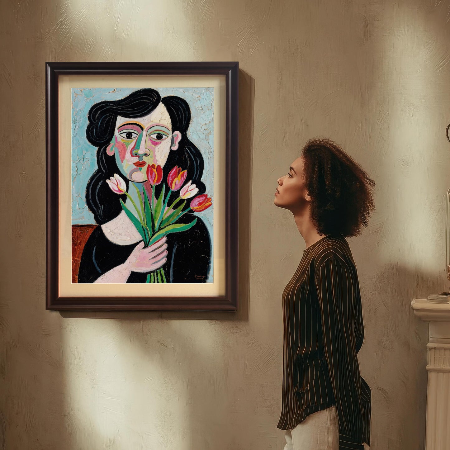 A woman with curly hair looks up at a framed art print hanging on a wall. The print is of a woman holding tulips.