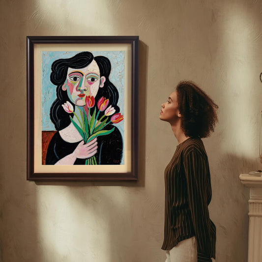 A woman with curly hair looks up at a framed art print hanging on a wall. The print is of a woman holding tulips.