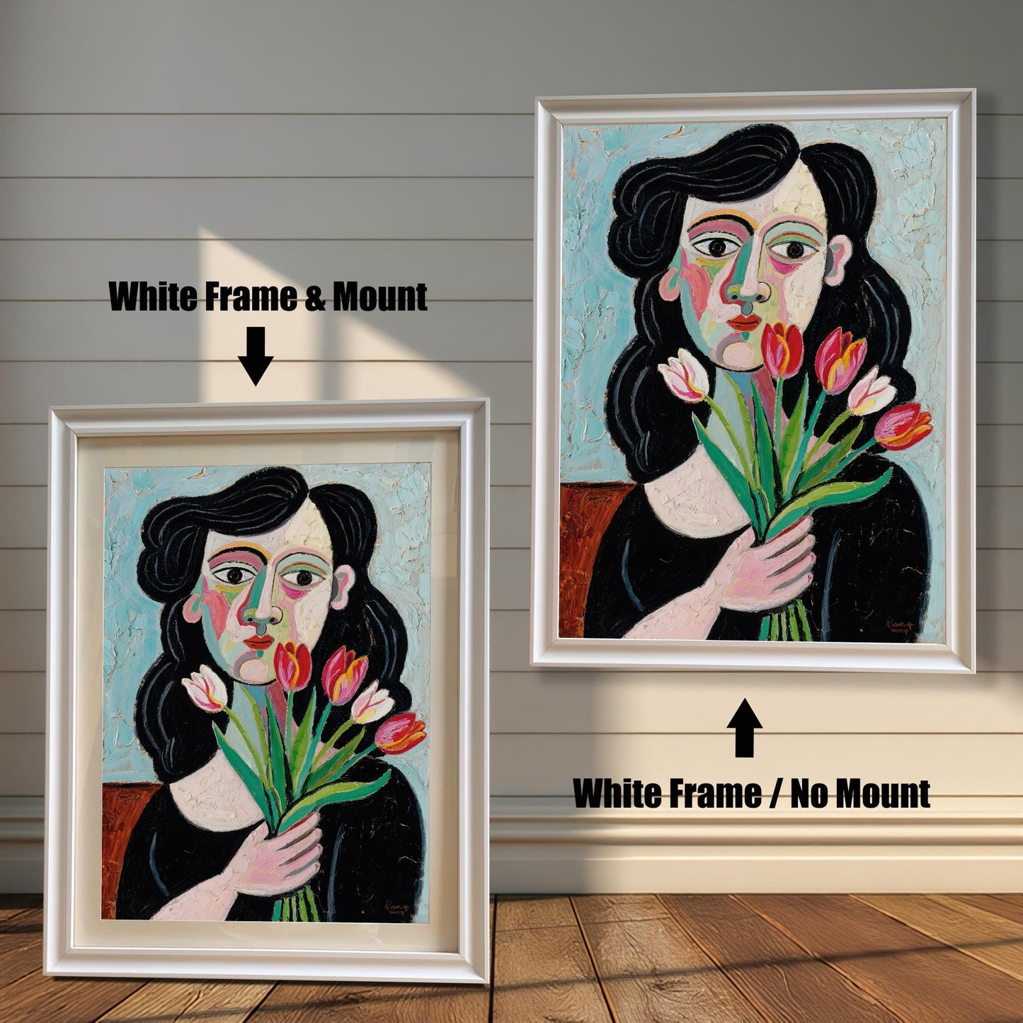 A side-by-side comparison of the same art print with a white frame. One is framed with a white mount, and the other is framed without.