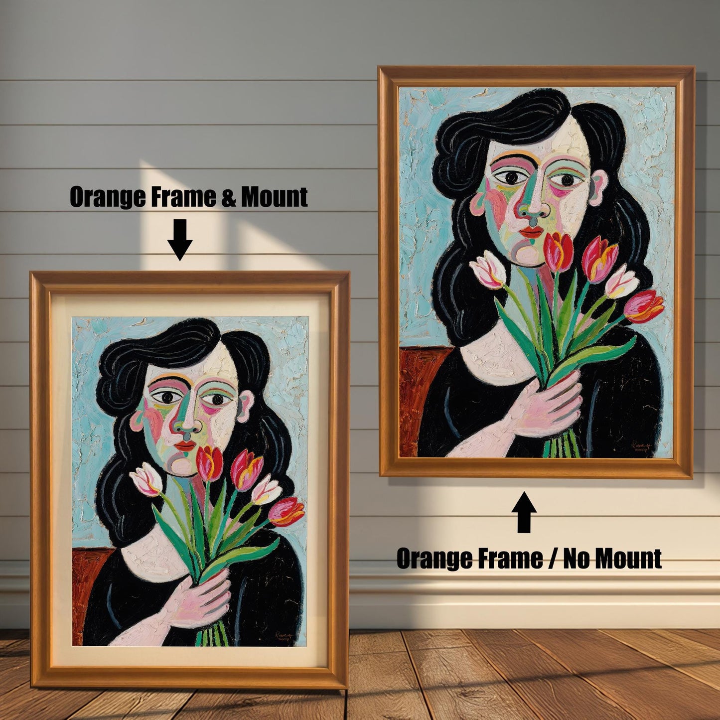 A side-by-side comparison of the same art print with an orange frame. One is framed with a white mount, and the other is framed without.
