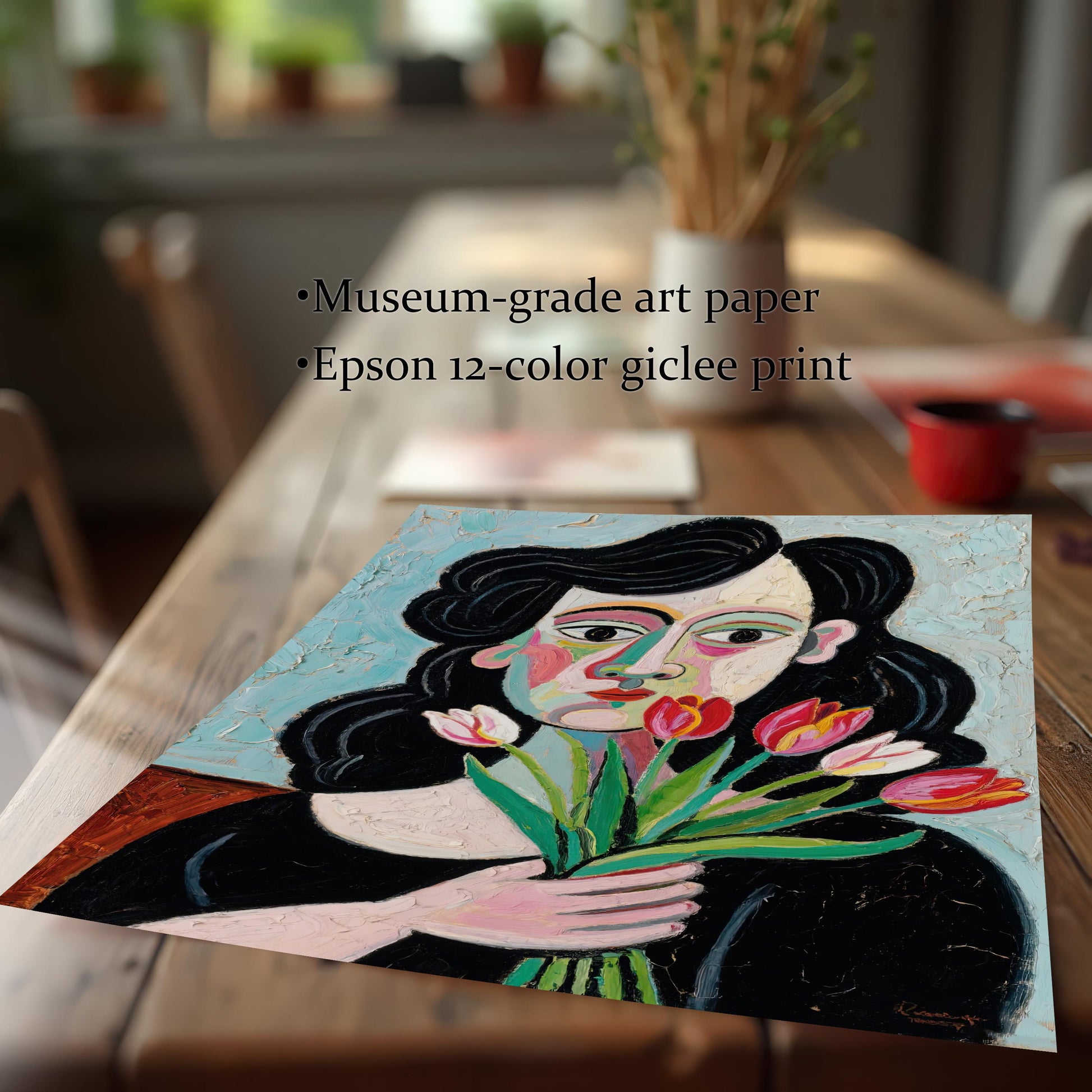 A close-up, angled shot of a print of a woman holding tulips. Text overlays highlight the quality: "Museum-grade art paper" and "Epson 12-color giclee print."