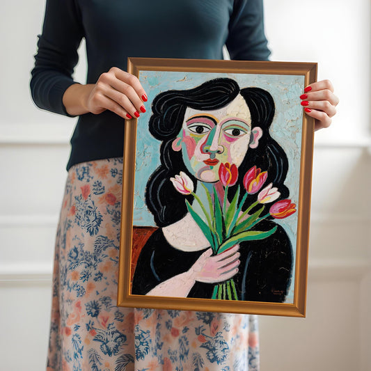 A person in a floral skirt holds up a framed art print of a woman with tulips. The frame is orange.