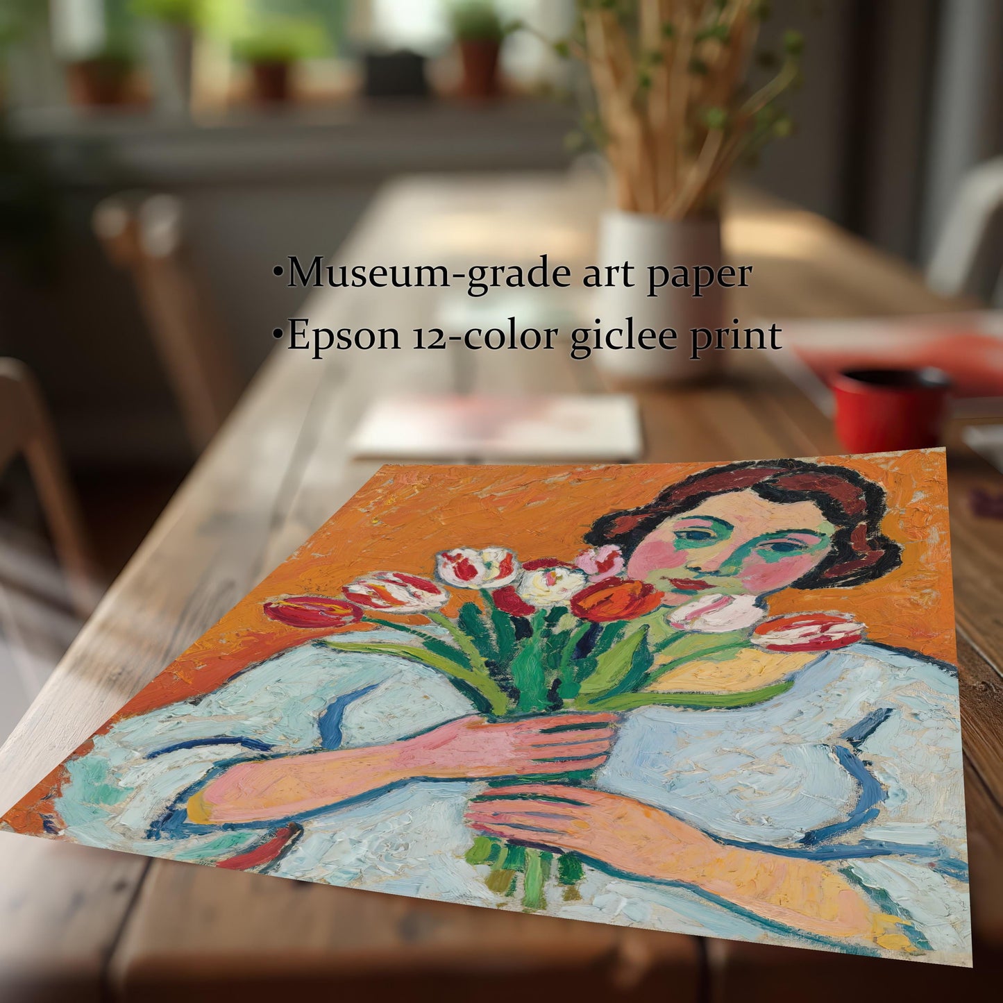 A close-up, angled shot of a print of a woman holding tulips. Text overlays highlight the quality: "Museum-grade art paper" and "Epson 12-color giclee print."