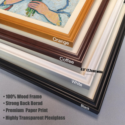A close-up, angled shot showing the corner of four different colored frames (orange, coffee, white, and black). Text highlights key features: "100% Wood Frame," "Strong Back Borad," "Premium Paper Print," and "Highly Transparent Plexiglass."
