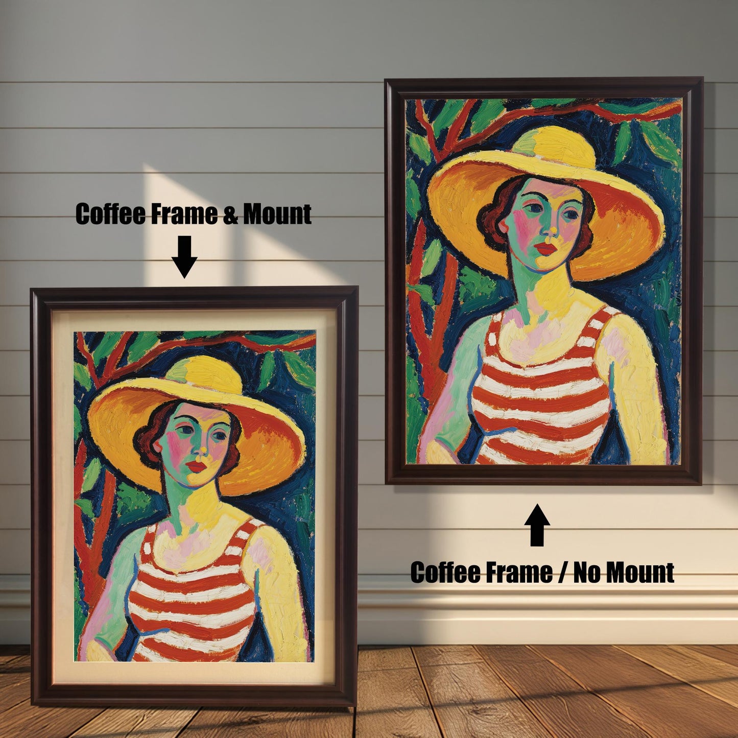 A side-by-side comparison of the same art print with a coffee-colored frame. One is framed with a white mount, and the other is framed without.