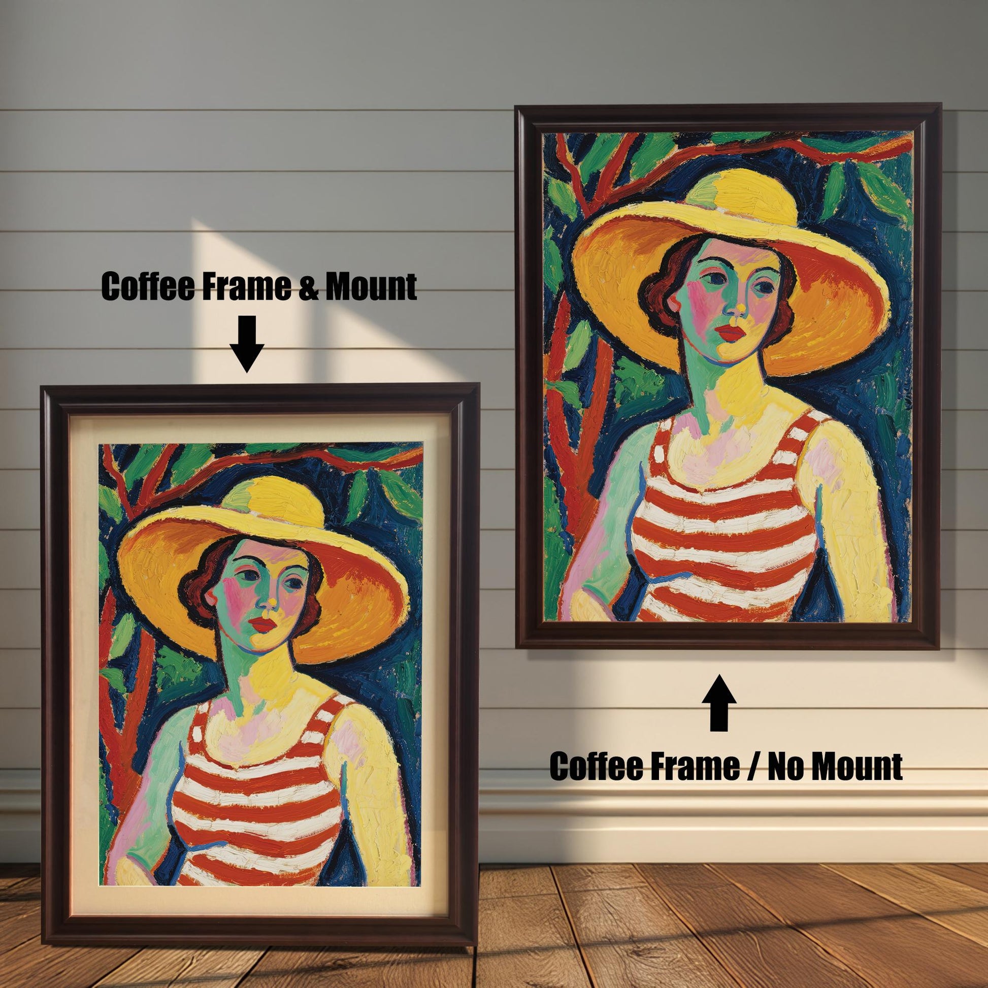 A side-by-side comparison of the same art print with a coffee-colored frame. One is framed with a white mount, and the other is framed without.
