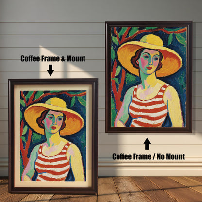 A side-by-side comparison of the same art print with a coffee-colored frame. One is framed with a white mount, and the other is framed without.