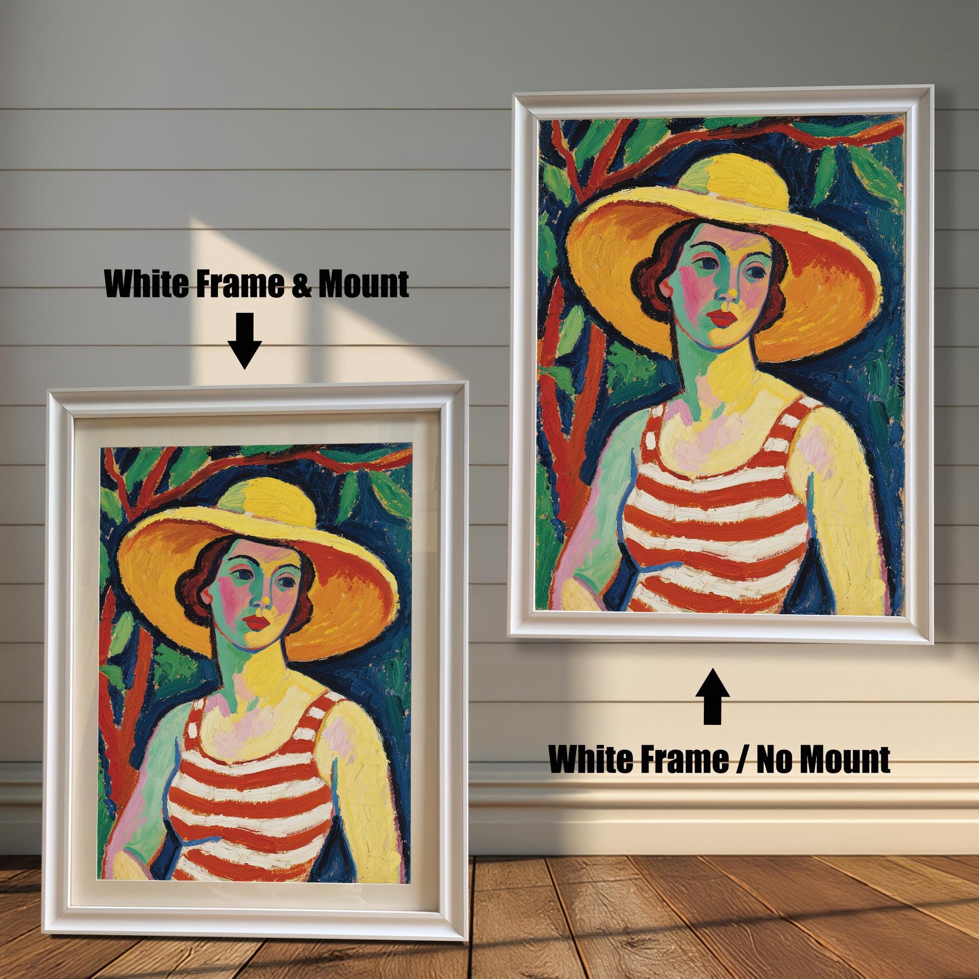 A side-by-side comparison of the same art print with a white frame. One is framed with a white mount, and the other is framed without.