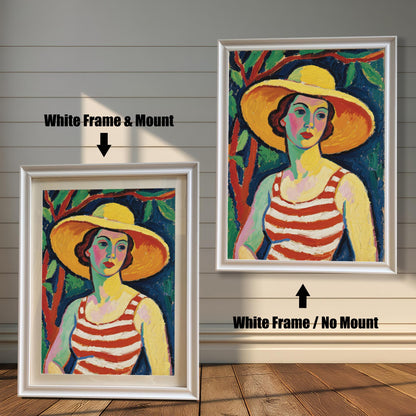 A side-by-side comparison of the same art print with a white frame. One is framed with a white mount, and the other is framed without.