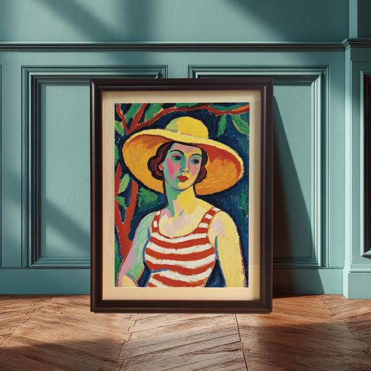 A framed art print of a woman in a striped top and yellow hat, propped against a dark blue-green wall with wainscoting. The frame is coffee-colored.
