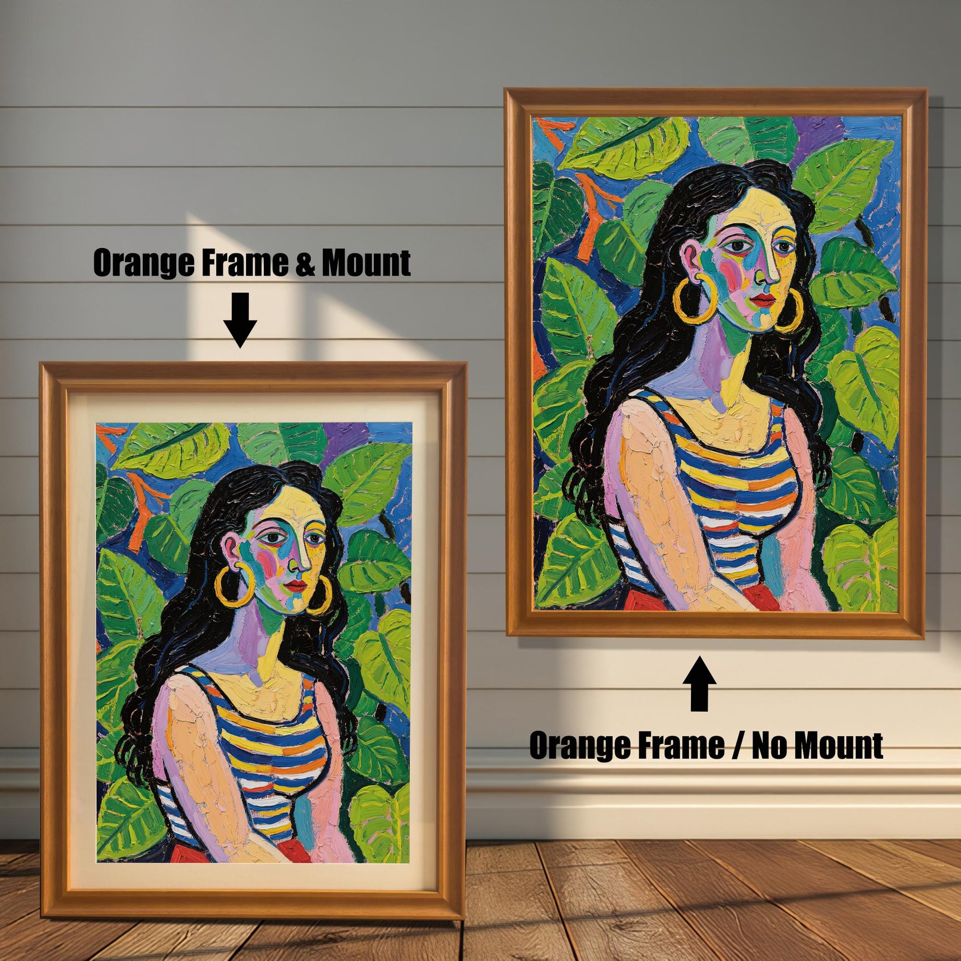 A side-by-side comparison of the same art print with an orange frame. One is framed with a white mount, and the other is framed without.