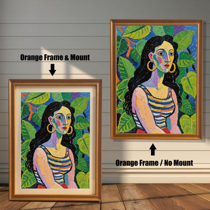 A side-by-side comparison of the same art print with an orange frame. One is framed with a white mount, and the other is framed without.
