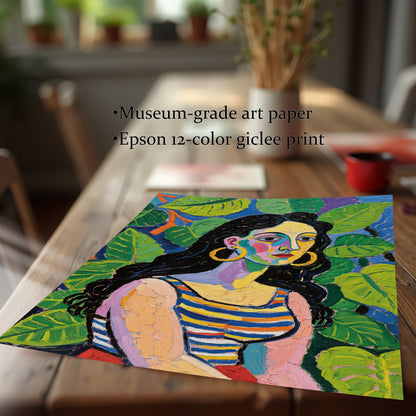 A close-up, angled shot of a print of a woman with large hoop earrings and a striped top. Text overlays highlight the quality: "Museum-grade art paper" and "Epson 12-color giclee print."