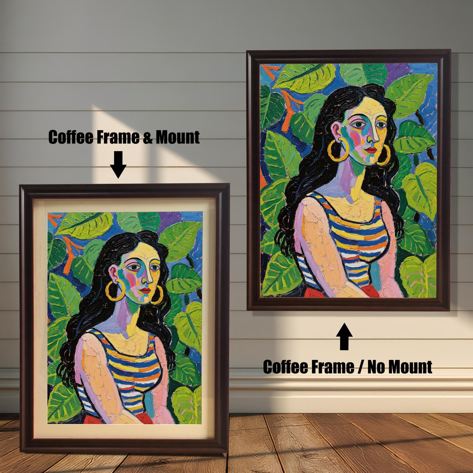 A side-by-side comparison of the same art print with a coffee-colored frame. One is framed with a white mount, and the other is framed without.