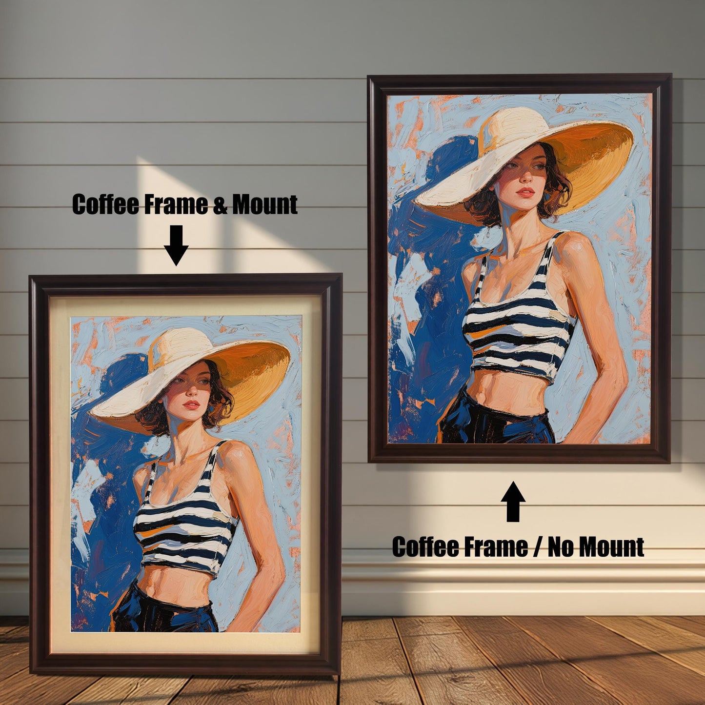 A side-by-side comparison of the same art print with a coffee-colored frame. One is framed with a white mount, and the other is framed without.
