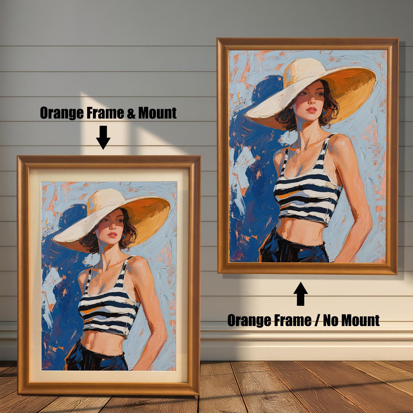 A side-by-side comparison of the same art print with an orange frame. One is framed with a white mount, and the other is framed without.