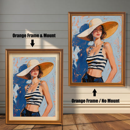 A side-by-side comparison of the same art print with an orange frame. One is framed with a white mount, and the other is framed without.