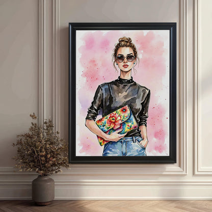 A framed piece of wall art featuring a woman in a black top, jeans, and sunglasses, holding a colorful floral clutch. The black-framed artwork hangs on a white paneled wall with a decorative plant nearby.