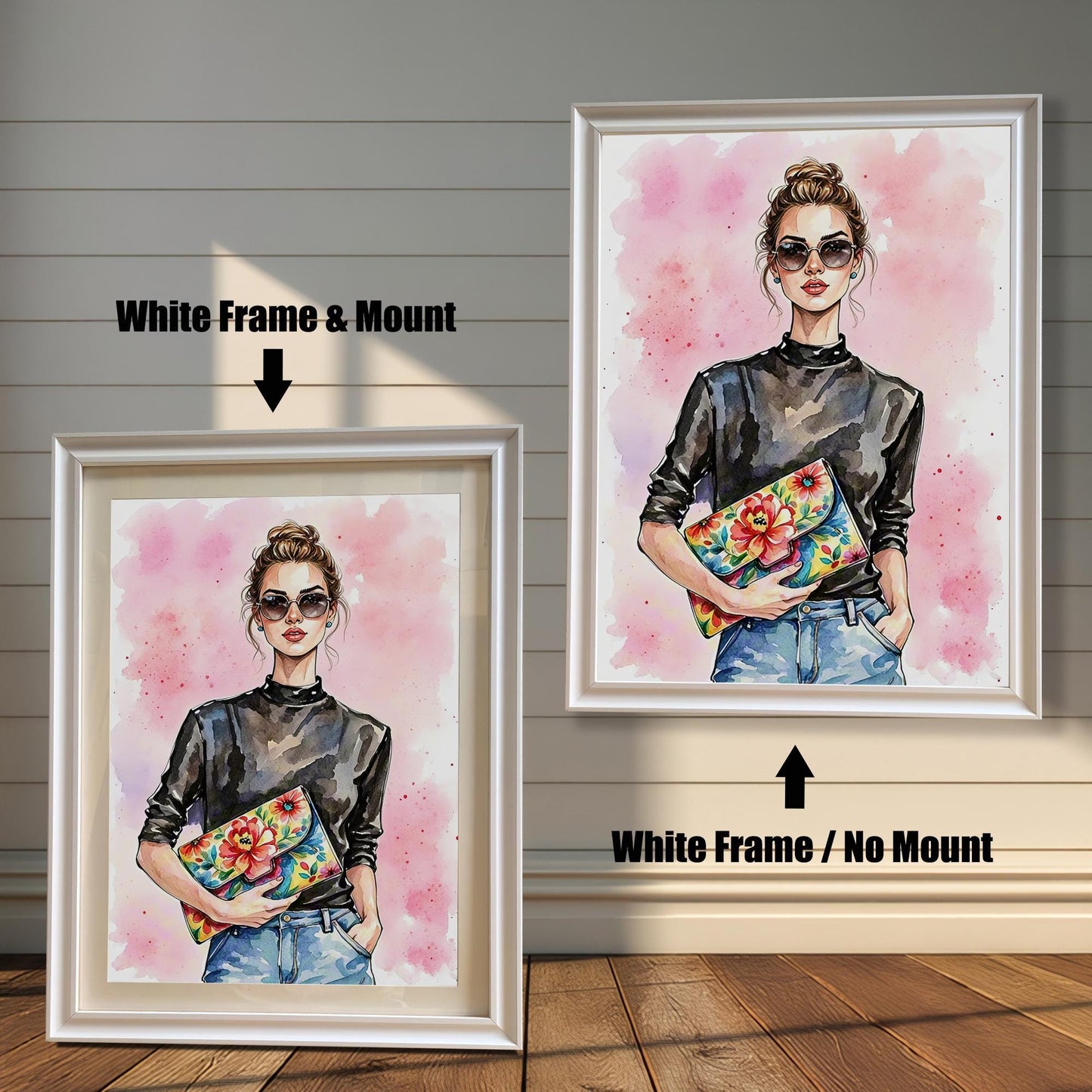 Two framed art prints on a wooden wall showing different white frame options. One print has a **White Frame & Mount**, and the other has a **White Frame / No Mount**.