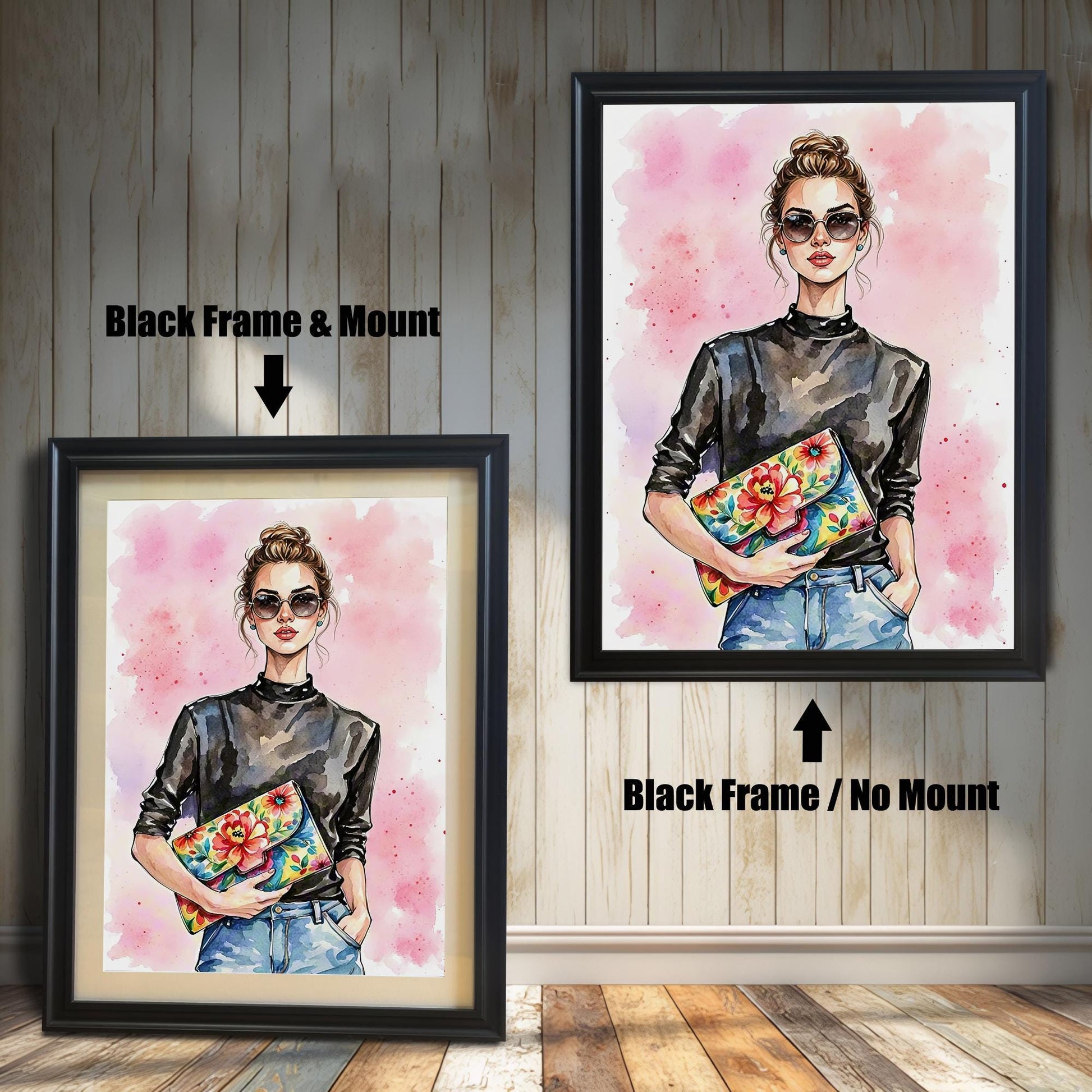 Two framed art prints on a wooden wall showing different black frame options. One print has a **Black Frame & Mount**, and the other has a **Black Frame / No Mount**.