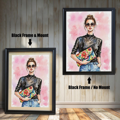 Two framed art prints on a wooden wall showing different black frame options. One print has a **Black Frame & Mount**, and the other has a **Black Frame / No Mount**.