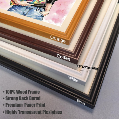 A close-up, angled view of different frame corners stacked together. The frames are labeled **Orange, Coffee, White,** and **Black.** Text lists the frame's features, including **100% Wood Frame** and **Highly Transparent Plexiglass**.