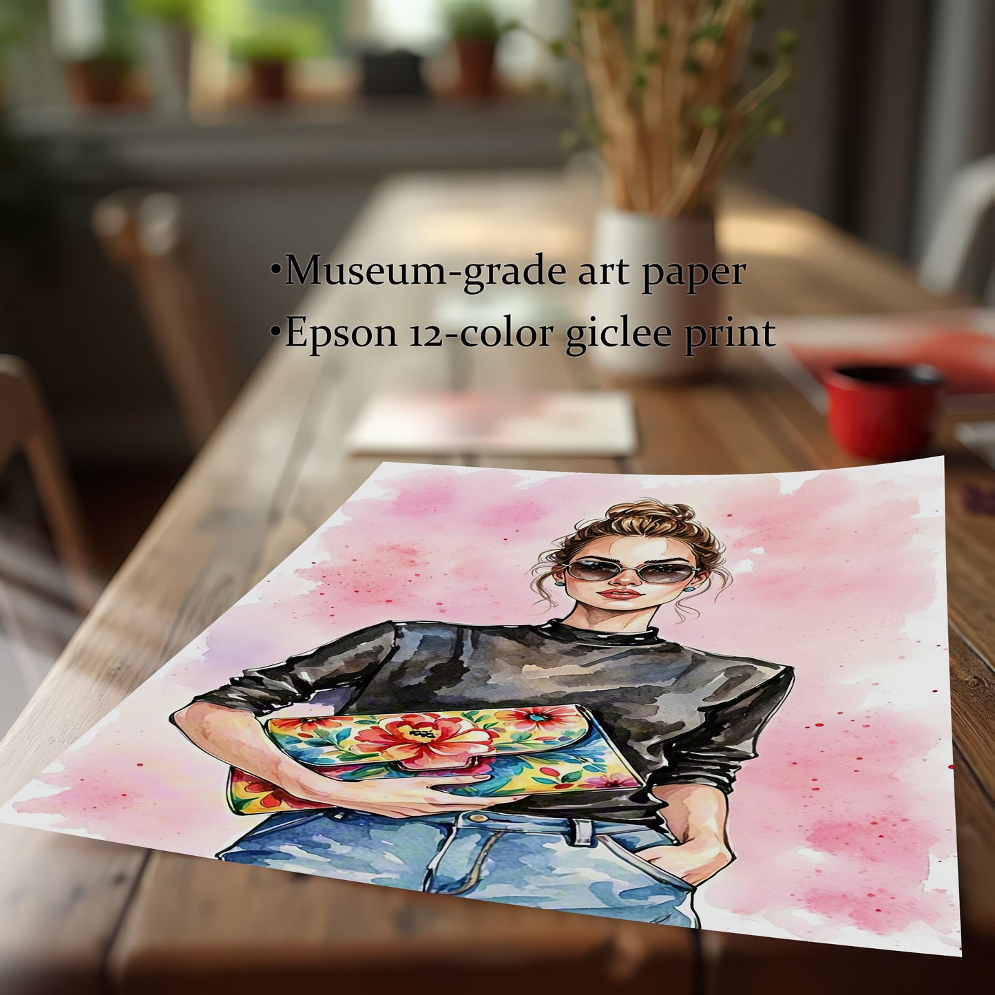 A high-quality art print of a stylish woman in a black shirt, jeans, and sunglasses, holding a floral clutch. Text on the image highlights "Museum-grade art paper" and "Epson 12-color giclee print."