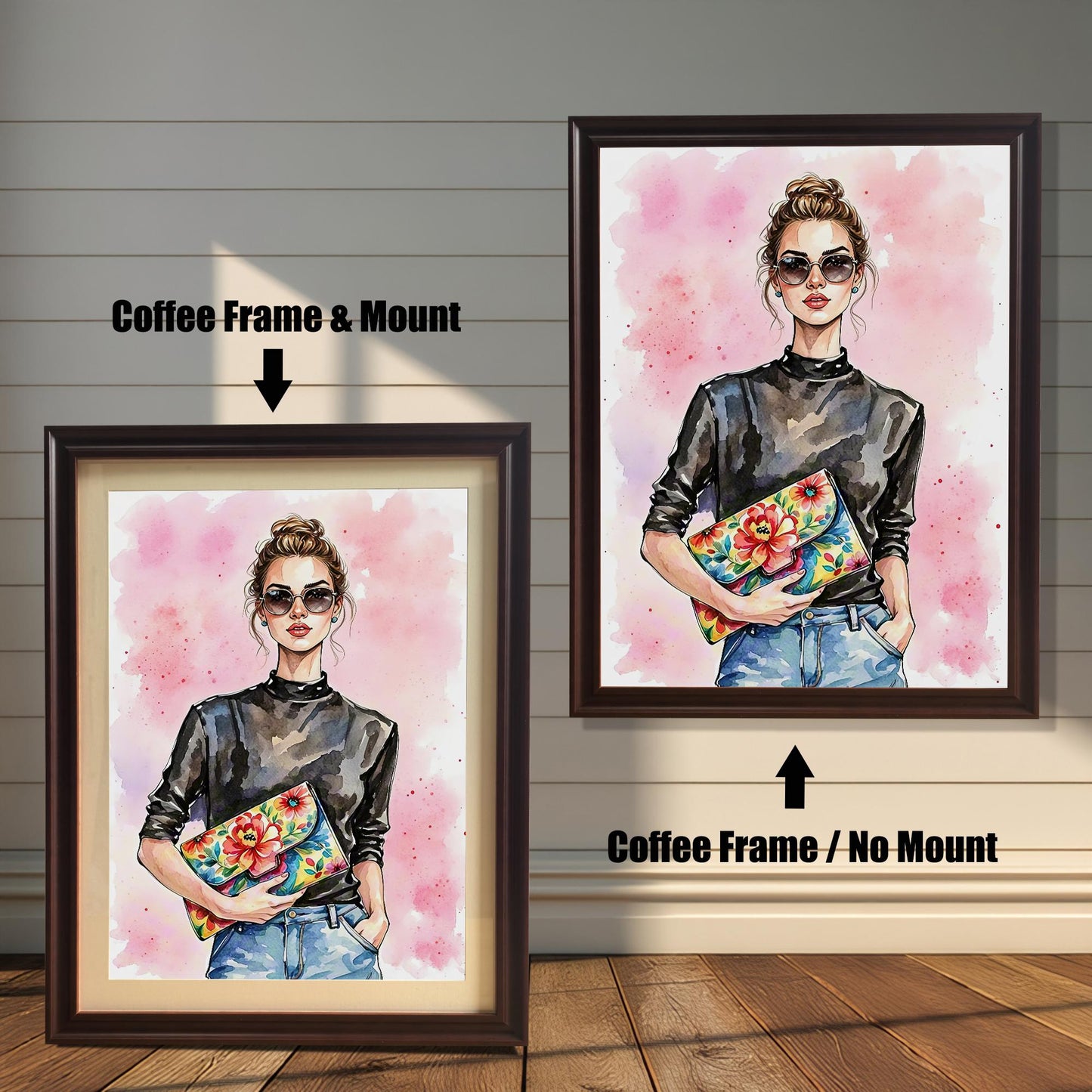 Two framed art prints on a wooden wall, showing different coffee-colored frame options. One print has a **Coffee Frame & Mount**, and the other has a **Coffee Frame / No Mount**.