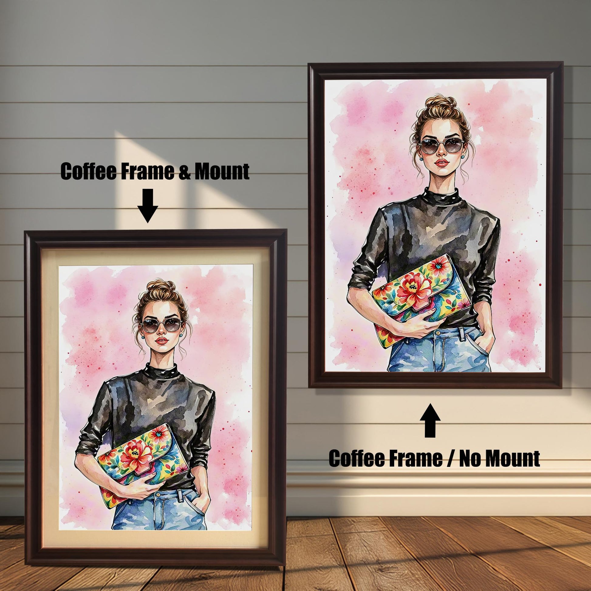 Two framed art prints on a wooden wall, showing different coffee-colored frame options. One print has a **Coffee Frame & Mount**, and the other has a **Coffee Frame / No Mount**.