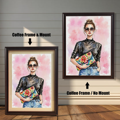 Two framed art prints on a wooden wall, showing different coffee-colored frame options. One print has a **Coffee Frame & Mount**, and the other has a **Coffee Frame / No Mount**.