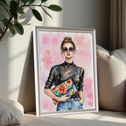 A framed art print resting on a couch. The print is in a white frame with a mount and features a woman in a black top, jeans, and sunglasses.
