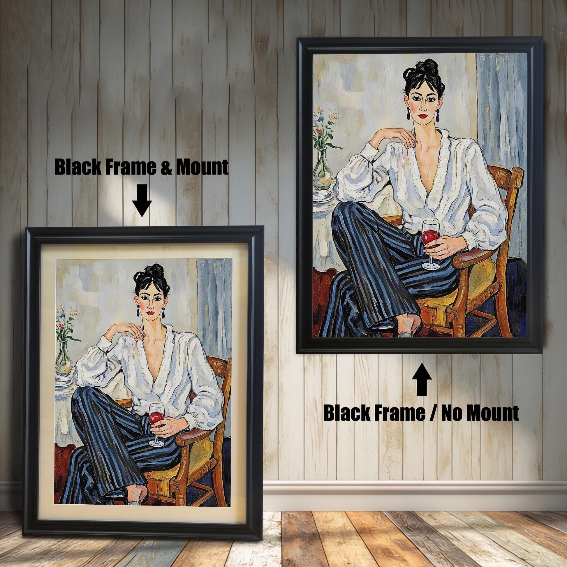 Two framed art prints on a wooden wall showing different black frame options. One print has a **Black Frame & Mount**, and the other has a **Black Frame / No Mount**.