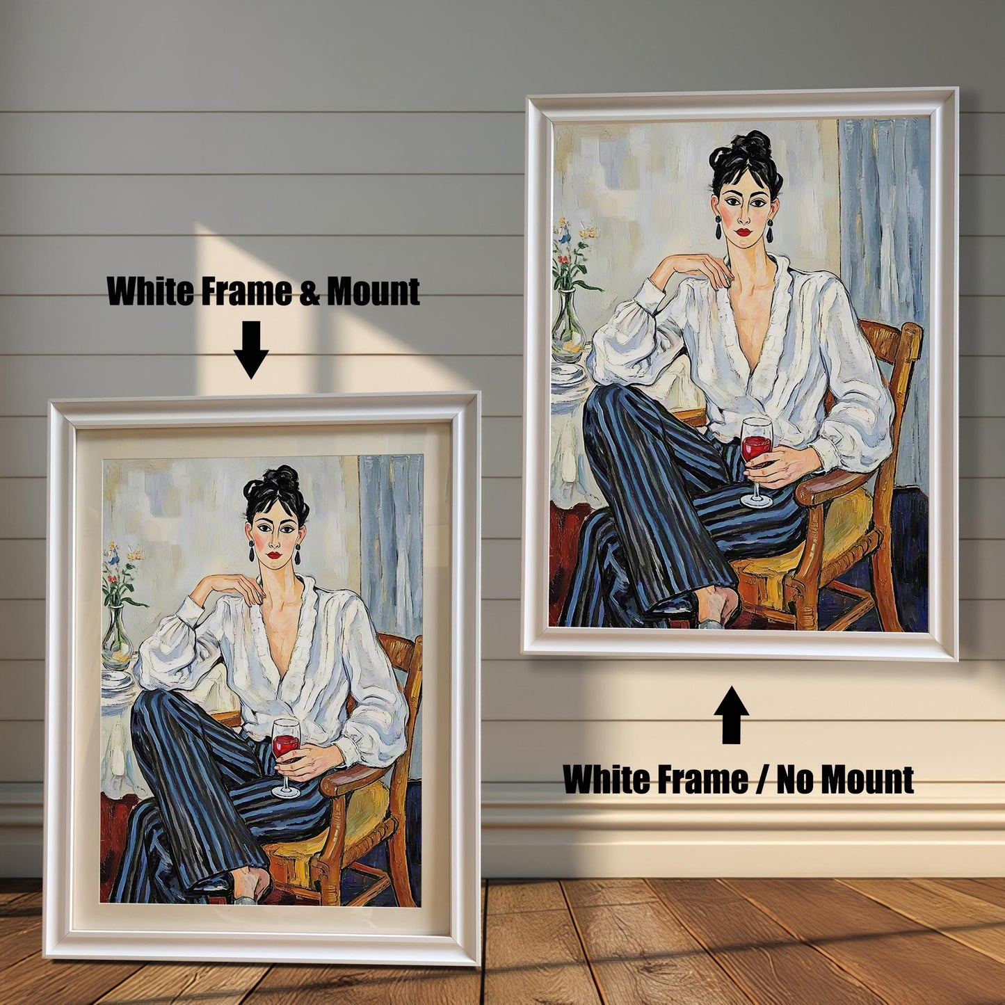 Two framed art prints on a wooden wall showing different white frame options. One print has a **White Frame & Mount**, and the other has a **White Frame / No Mount**.