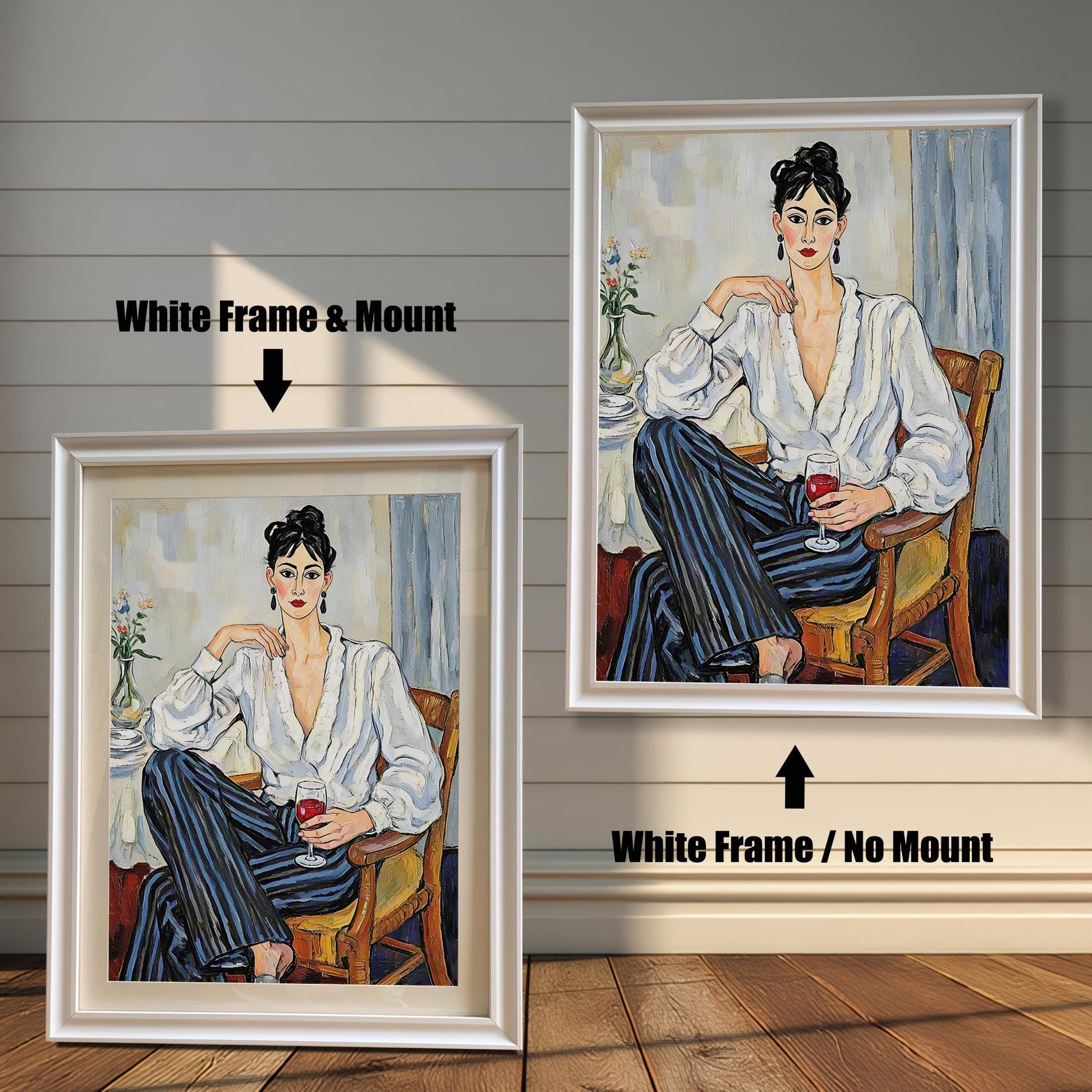 Two framed art prints on a wooden wall showing different white frame options. One print has a **White Frame & Mount**, and the other has a **White Frame / No Mount**.
