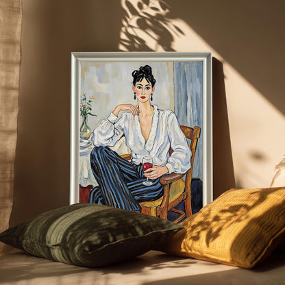 A framed art print leaning on a cushion. The print is in a white frame with a mount and features a woman in a white blouse and striped pants. Sunlight streams across the scene.