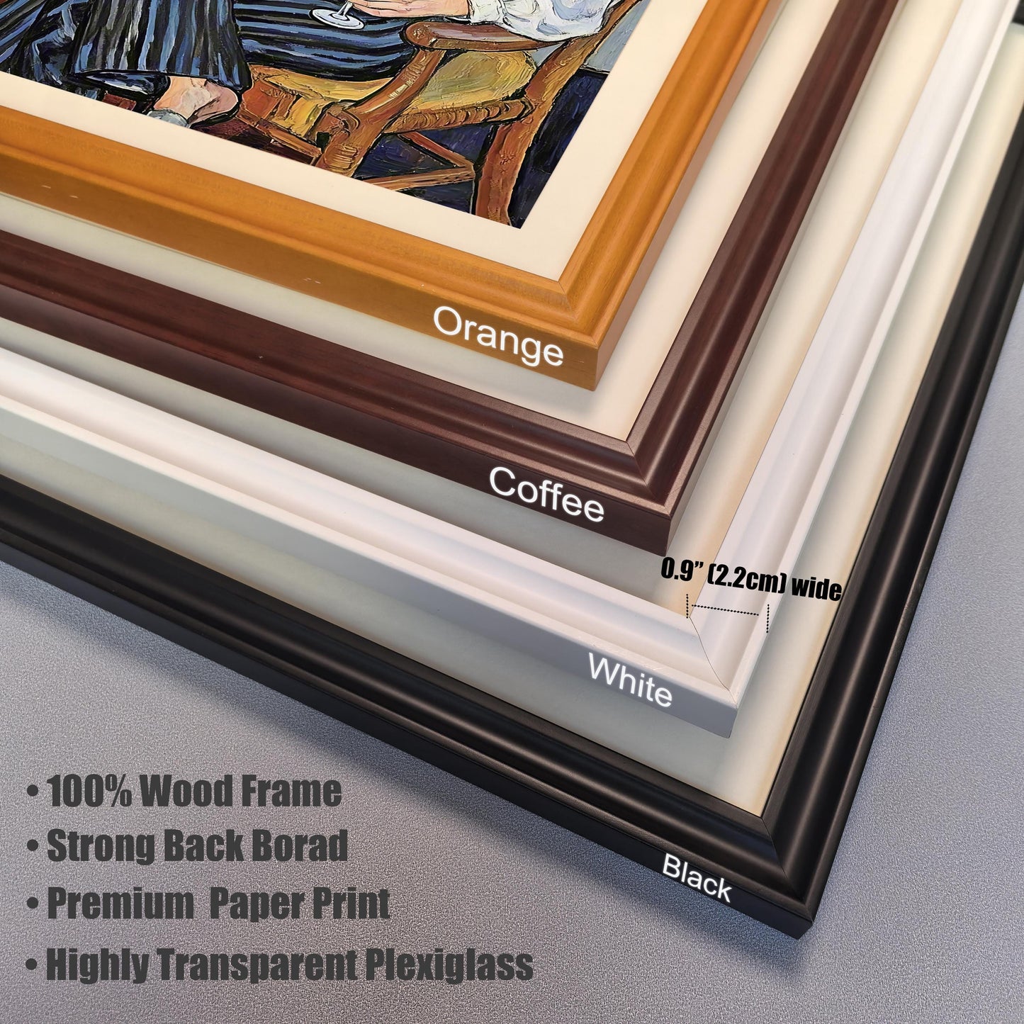 A close-up, angled view of different frame corners stacked together. The frames are labeled **Orange, Coffee, White,** and **Black.** Text lists the frame's features, including **100% Wood Frame** and **Highly Transparent Plexiglass**.