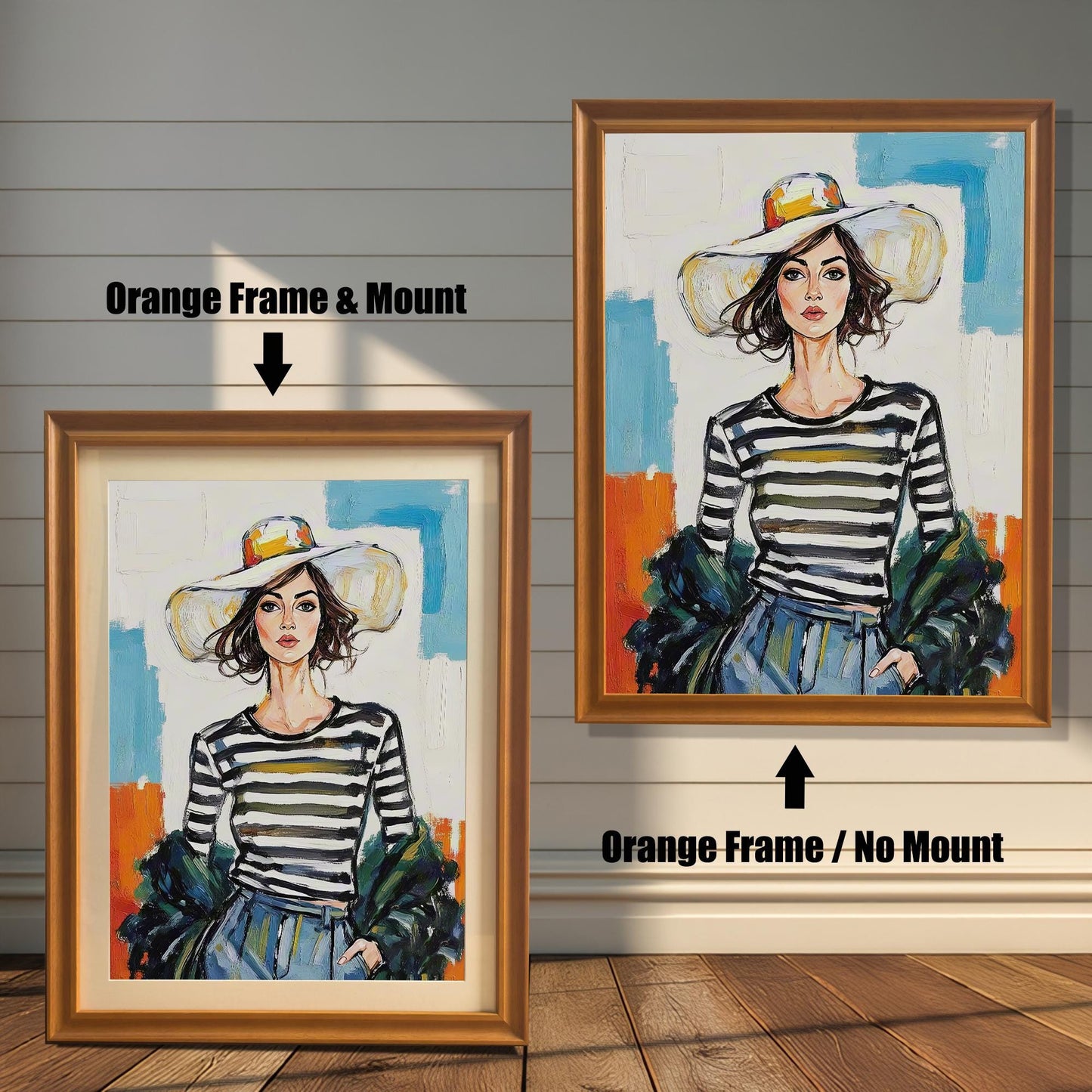 Two framed art prints on a wooden wall showing different orange frame options. One print has an **Orange Frame & Mount**, and the other has an **Orange Frame / No Mount**.